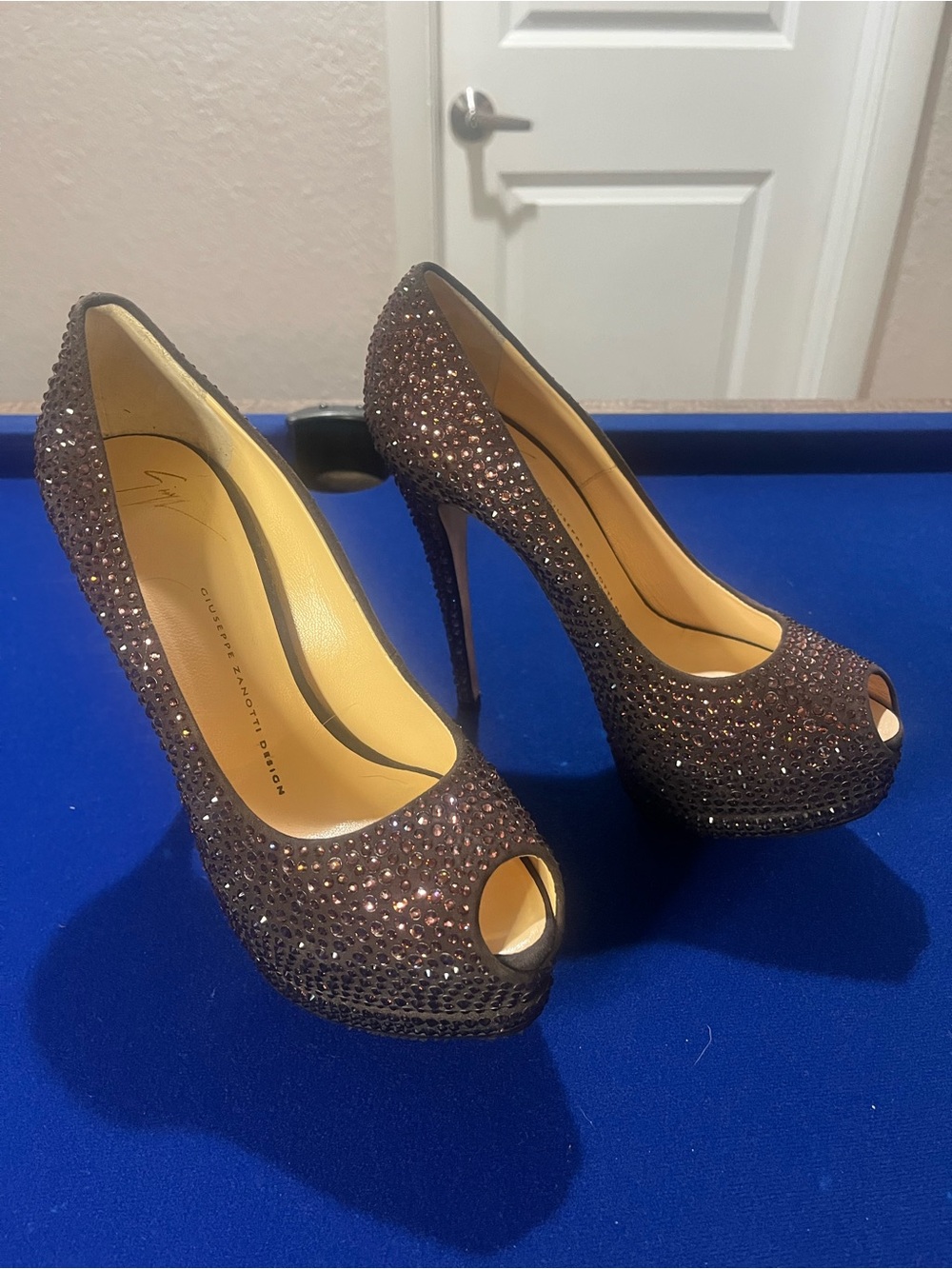 Giuseppe Zanotti Brown Crystal Peep-Toe Stiletto Pumps